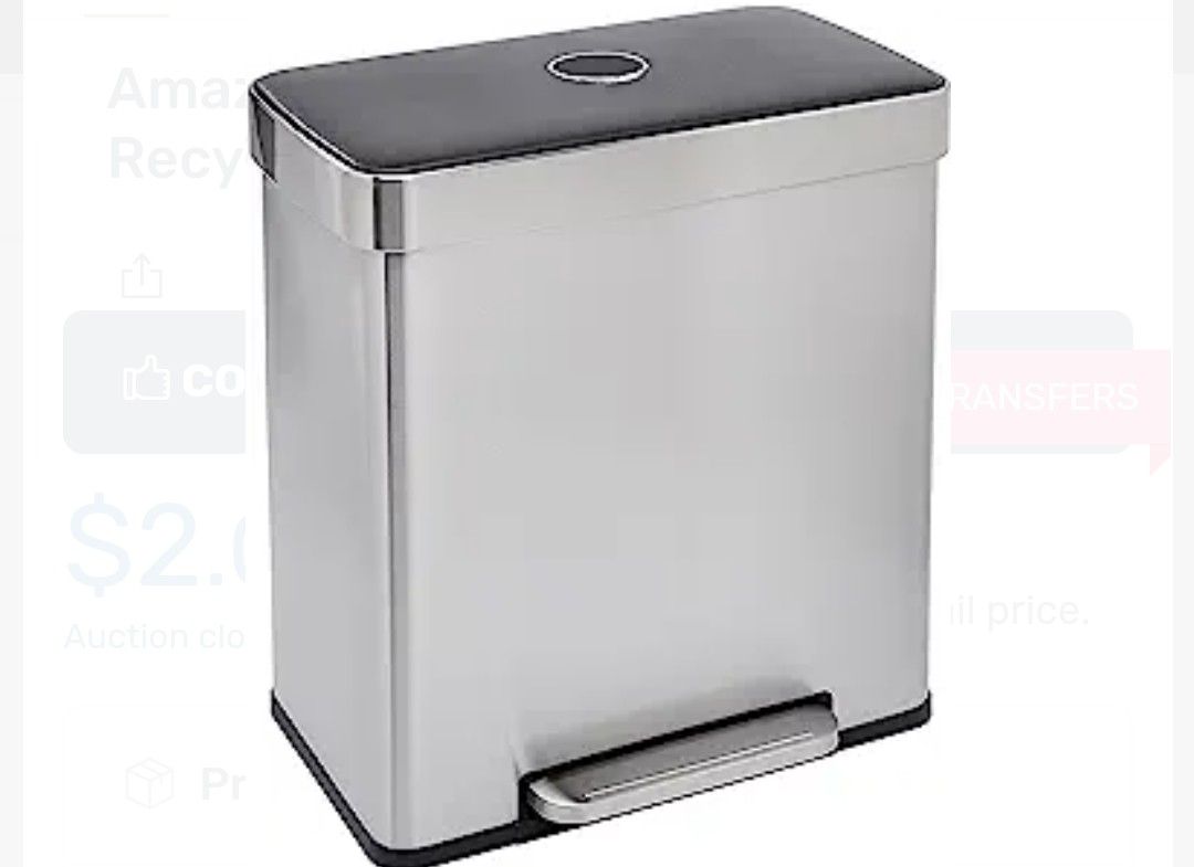 Amazon Basics Rectangular Recycling Trash Can with 2 Compartments, Grey,Silver, 60 Liters