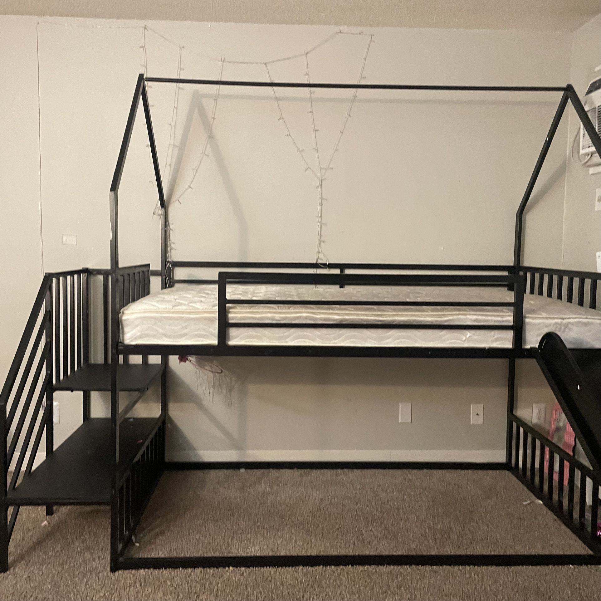 Metal House Bunk Bed with Stairs&  Slide, Kids Bunk Bed Twin Over Twin Size, Twin Sl