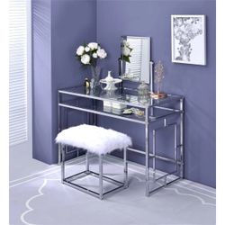 Glass Vanity With Mirror And Stool