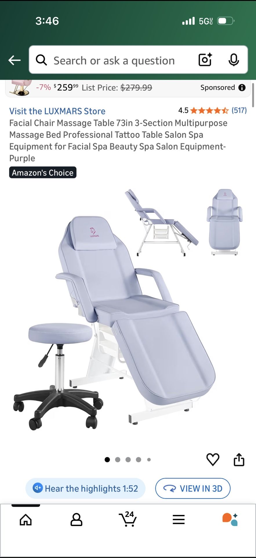 Lash/Facial/Tattoo/ Massage Chair w/ Stool