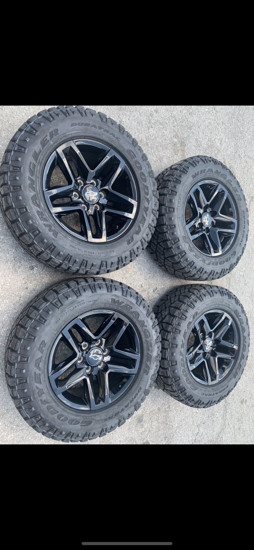 New black Trail Boss Chevy Rims and Goodyear All Terrain tires 100% tread! 6 Lug Wheels Take offs off 18s takeoffs pull 20s pulloffs stock stocks fac