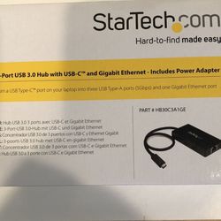 Startech 3-port USB 3.0 hub with USB—C  and Gigabit Ethernet- Includes Power adapter.  