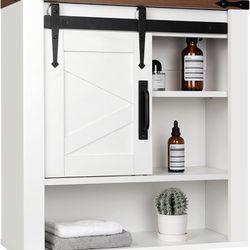 Farmhouse Bathroom Wall Cabinet, Medicine Cabinet with Sliding Barn Door & Adjustable Shelf, Wood Wall Mounted Storage Cabinet for Kitchen Dining, Bat