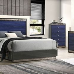 Brand New Blue & Grey 4pc Queen Bedroom Set (Available In Eastern King)