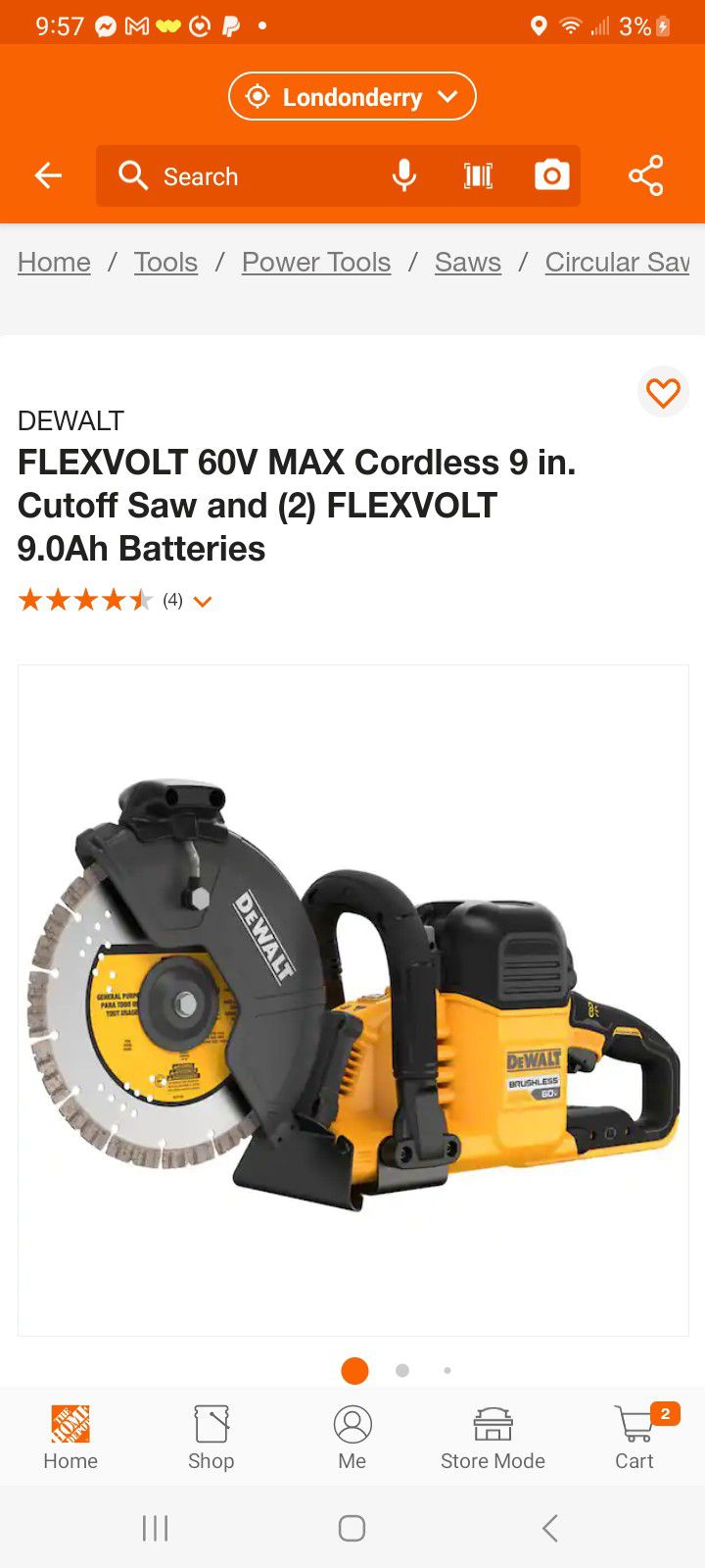 FLEXVOLT 60V MAX Cordless 9 in. Cutoff Saw and (2) FLEXVOLT 9.0Ah Batteries

 Comes With 150$ Gift Card To Home Depot Also