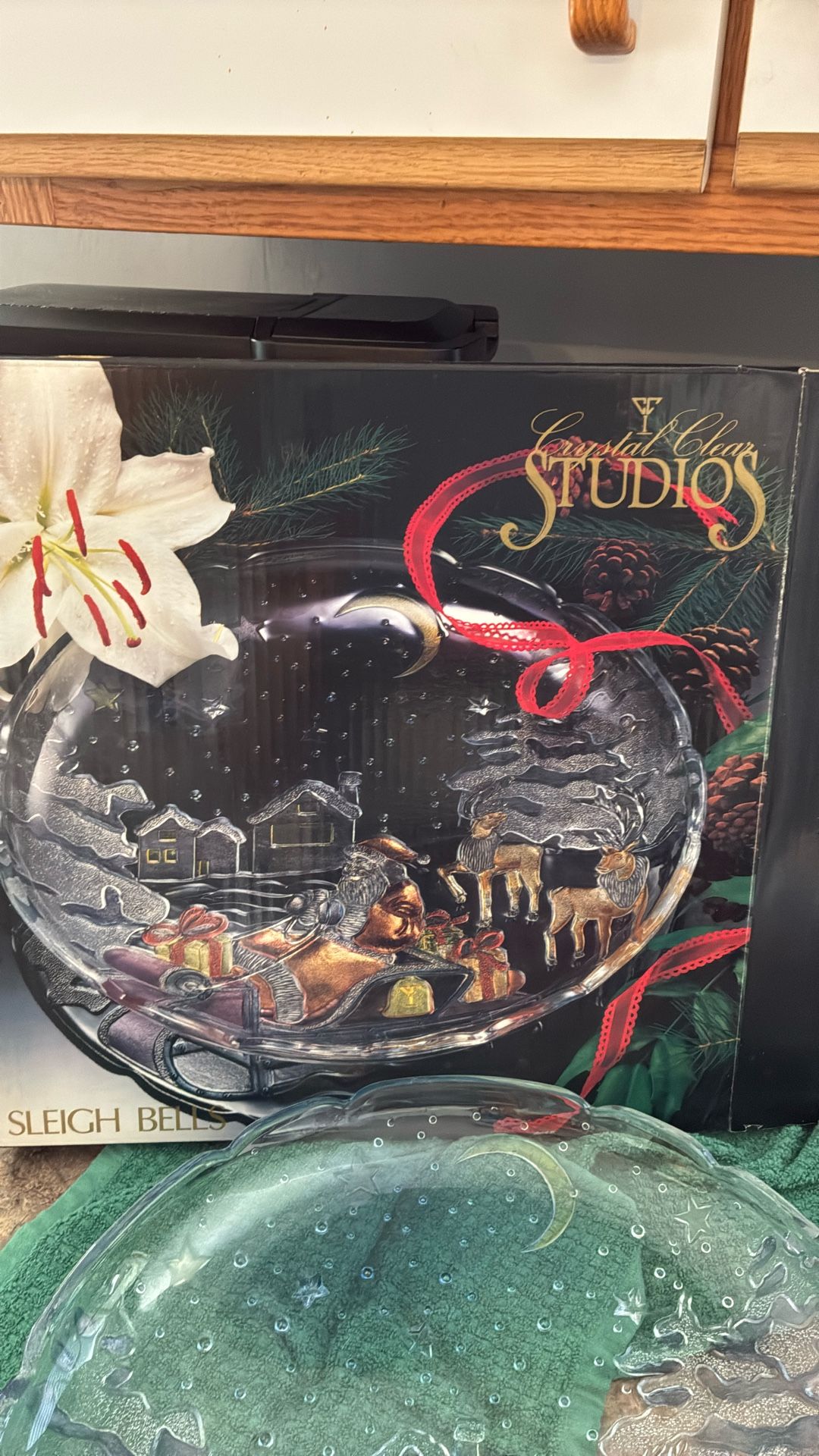 Crystal Clear Studios Sleigh Bells colored glass platter