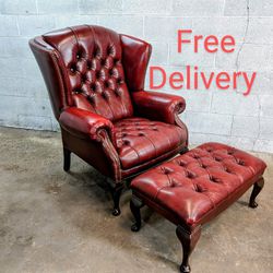 Vintage English Chesterfield Oxblood Leather tufted Chair and Ottoman