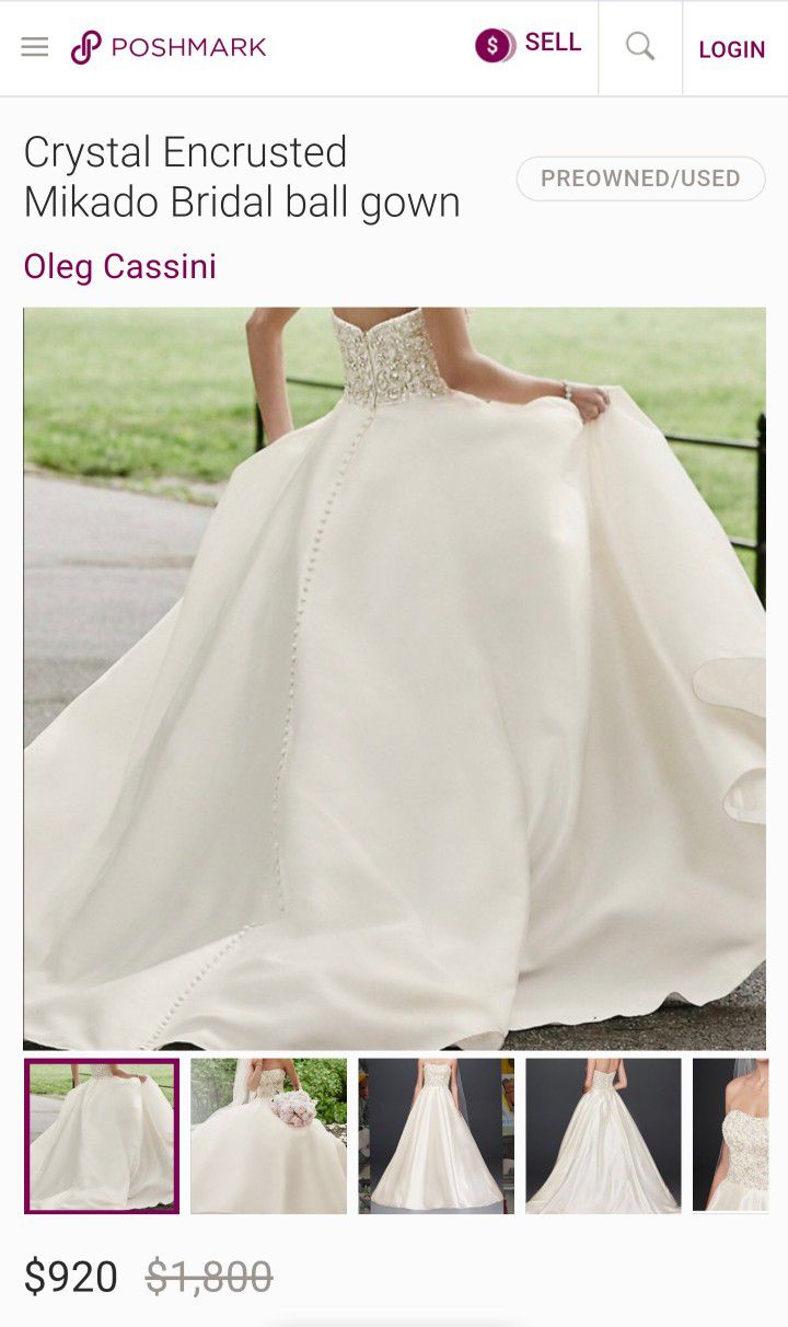 Oleg Cassini Wedding Dress, Crystal Encrusted Mikado Bridal ball gown. Ivory, Size  8