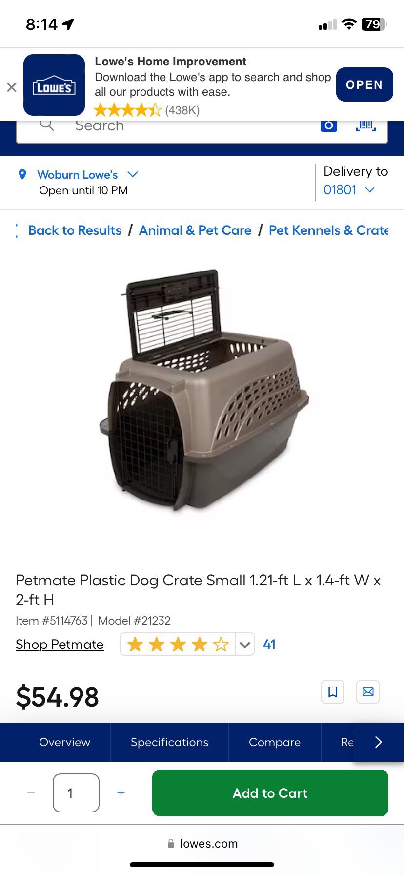 Petmate Plastic Dog/Cat Crate Small