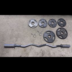 EZ CURL OLYMPIC BAR COLLAR AND WEIGHTS 