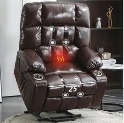 #340ABC. Oversized Recliner Chair, 26 Inch Extra Wide Seat Recliner for Big and Tall, Large Power Lift Chair with Heat and Massage, Brown Leather