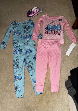 Disney Stitch Girls 4T 2-Piece Long Sleeve Knit Pajama Set Pink & Blue & Slipper