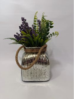 Mercury Glass Decorative Vase with Rope Handle Artificial Lavender Ferns