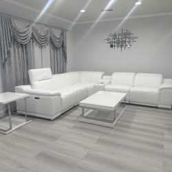 White Leather Reclining Couch With Matching Coffee Tables Set