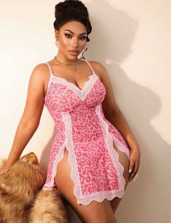 2xl Pink Leopard Print Lace Trim Babydoll