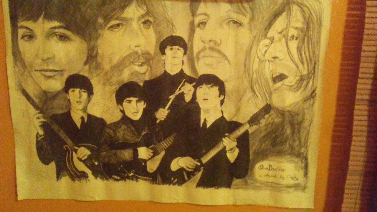 86 The Beatles a sketch by Ogle (c) 86. And aluminum collage Tour Collectors plaque
