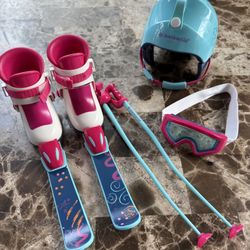 American Girl Doll Ski Outfit Set Boots Helmet Goggles Poles Skis Pink Blue