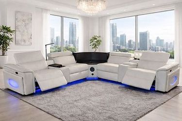 White Leather Power Recliner Sectional with Bar & Fridge