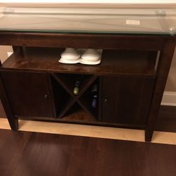 Buffet table with stone and glass top, 4 bottle wine holder