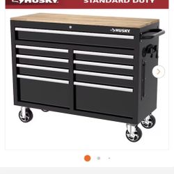 Husky Tool Storage 46 in. W x 18 in. D 9-Drawer Mobile Workbench Cabinet in Gloss Black Just purchased from Home Depot in November 2025 Will be downsi