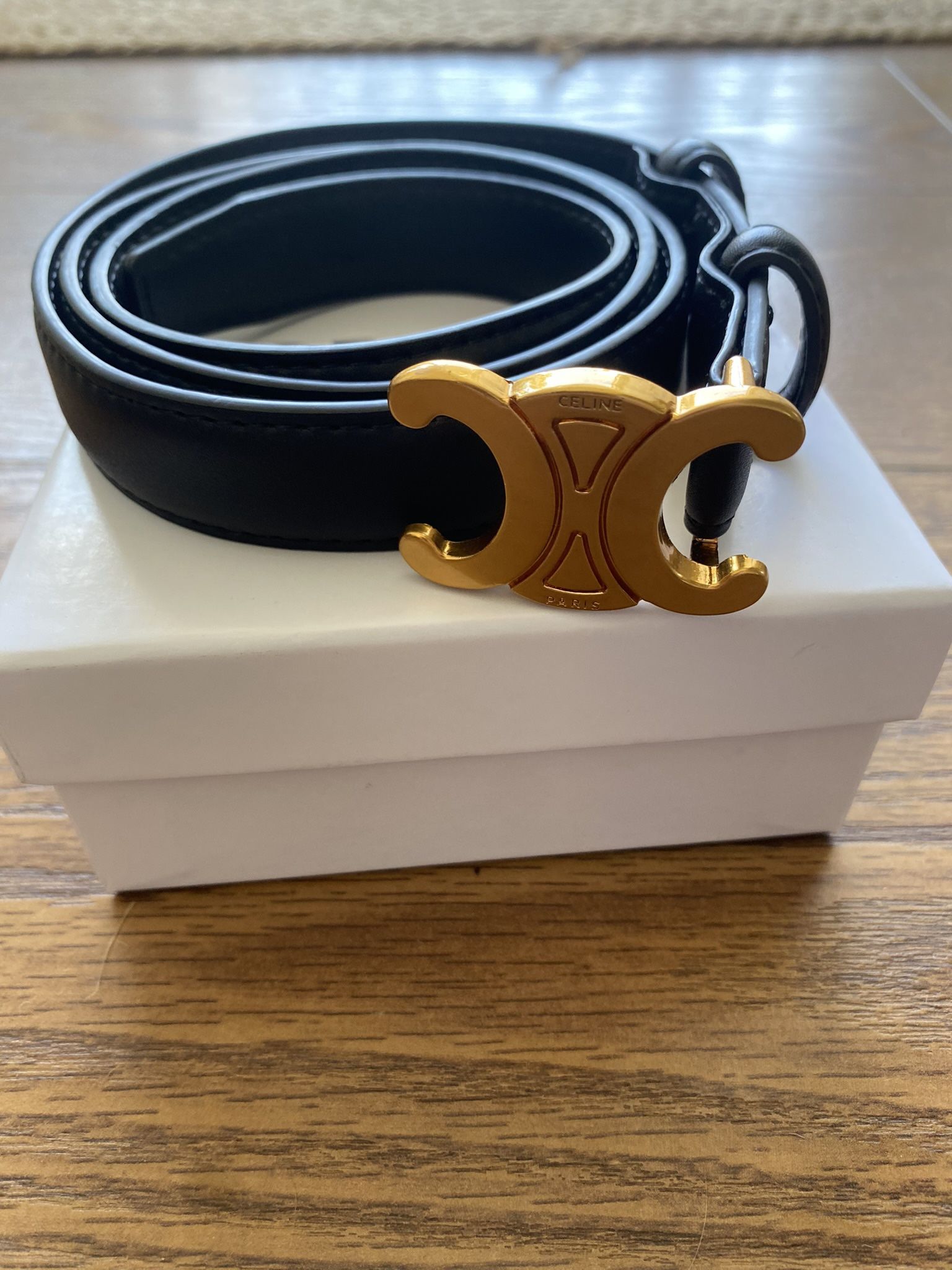 Celine Paris Triomphe Leather Belt, Black Leather, With Box