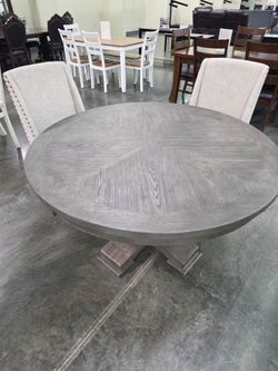 Round Gray Wood Pedestal Dining Table Set