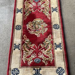 Vintage Antique Hand-knotted Wool Carpet Rug Red Cream Asian Chinese Dragon 4.5’ X 2.5’