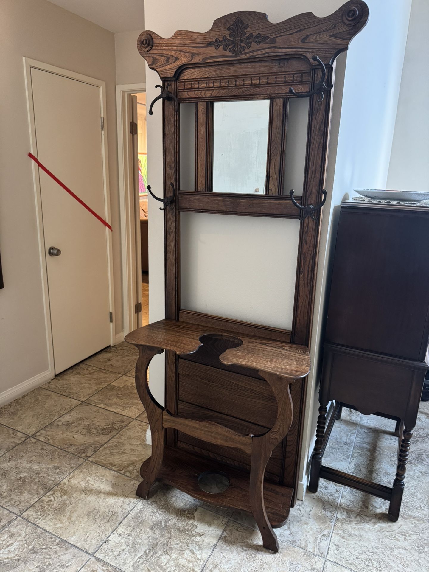 Vintage Solid Wood Hall Tree – Mirror, Hooks, Umbrella Stand – Excellent Condition