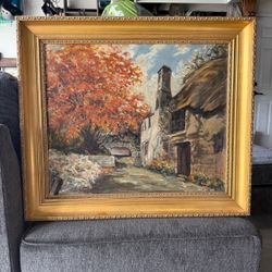Signed Vintage Oil Painting – European Cottage Landscape in Ornate Gold Frame