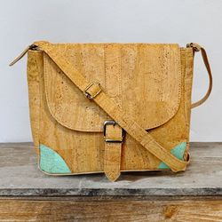 New Crossbody Purse, Tan & Turquoise Cork Leather