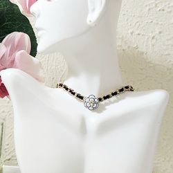 Gold and faux leather camellia flower pendant choker necklace women's gift