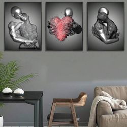 3PCS Modern Art Posters, Abstract Black And White Couple, Romantic Couple Embrace, Love Atmosphere Art Canvas Oil Painting Posters