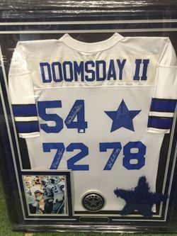 Dallas Cuwboys Doomsday one autographed jersey, blue end zone turf, Balfour jewelers pewter medallion huge custom framed memorabilia