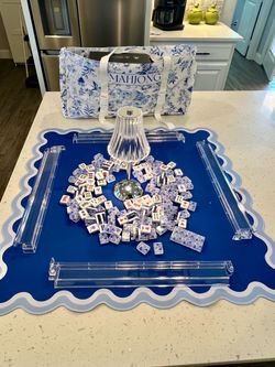 Brand New Blue & White Chinoiserie Floral American Mahjong Game Tile Set with Accessories Bundle