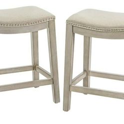 Barton Set of 4 Bar Stools Beige 24" Saddle Backless Premium Padded Indoor/Outdoor Nailhead Cushion Kitchen Counter Chairs Pub Seat Foot Rest