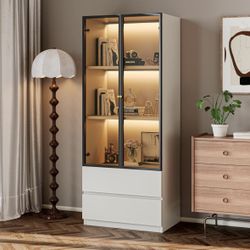 Modern Lighted Glass Display Cabinet with Two Drawers, Dining China Hutch with 3 Tiers Storage Shelves, Wooden Curio Display Showcase for Living Room 