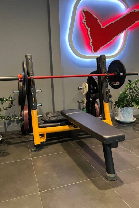 Matrix commercial grade bench press with moveable arms, safety spotter, weight horns gym equipment