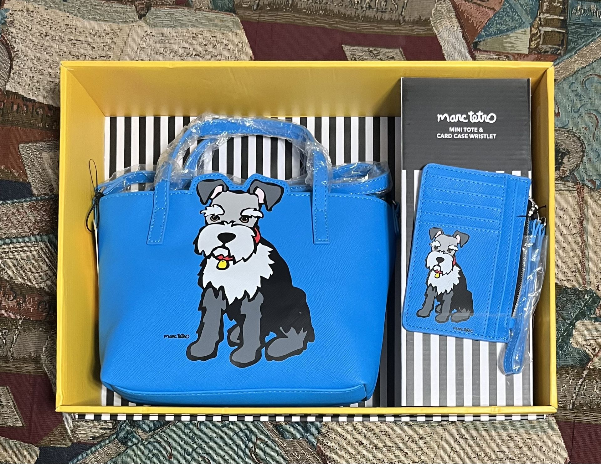 Marc Tetro Blue Mini Tote Card Case Wristlet Blue Schnauzer Gift Set