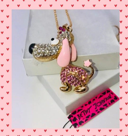 BETSEY JOHNSON "PINKY THE DOG!" SUPER CUTE PINK RHINESTONE DOG NECKLACE NEW!