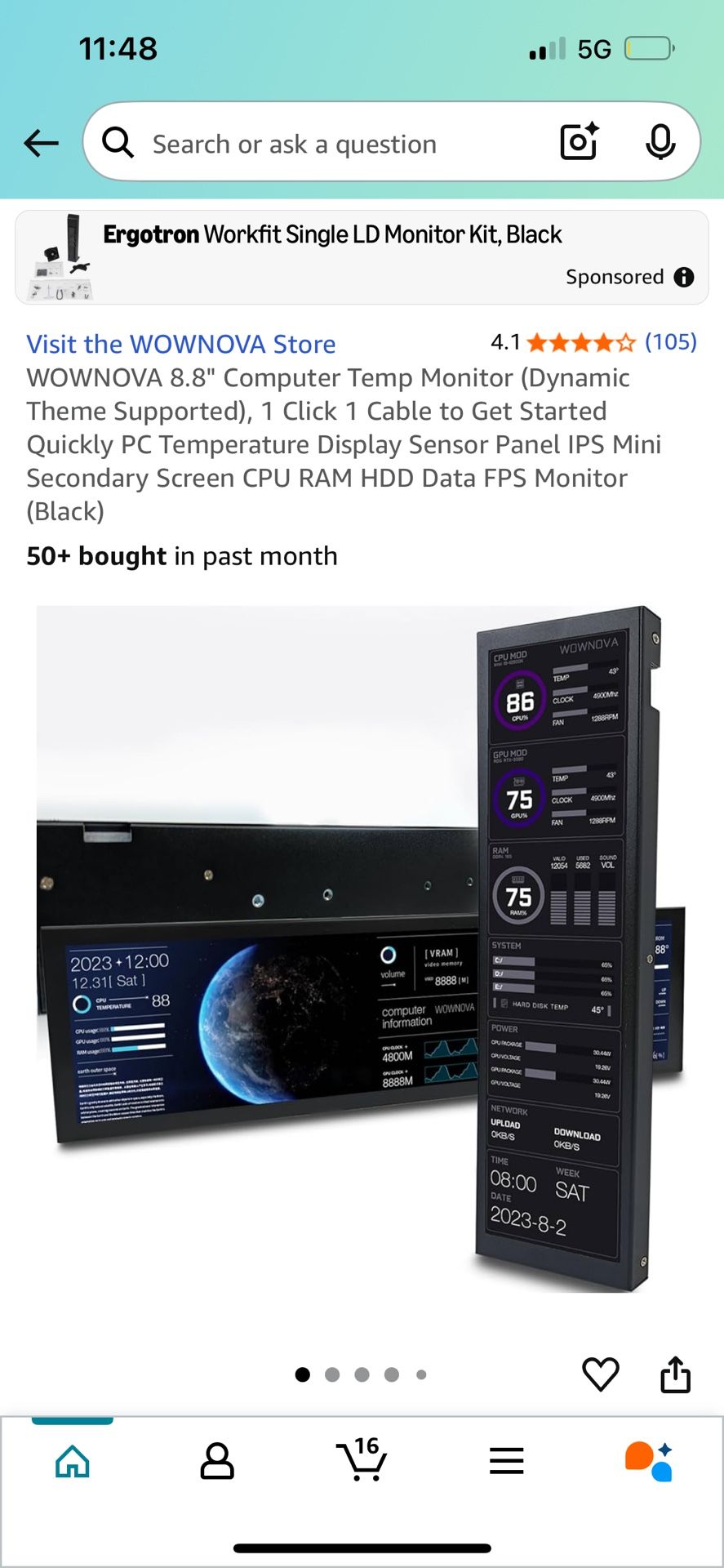 WOWNOVA 8.8" Computer Temp Monitor (Dynamic Theme Supported), 1 Click 1 Cable to Get Started Quickly PC Temperature Display Sensor Panel IPS Mini Seco