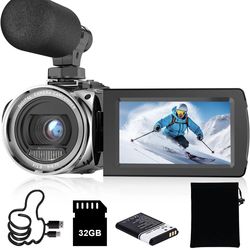 Video Camera FHD 4K 48MP Recorder 32G SD Card Vlogging Camcorder Ext Microphone