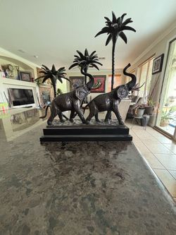 Bronze Elephant and Palm Tree Sculpture