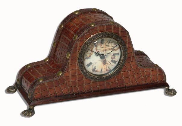 Clock - Faux Croc with Old World Map Face for Desk, Shelf, Mantel