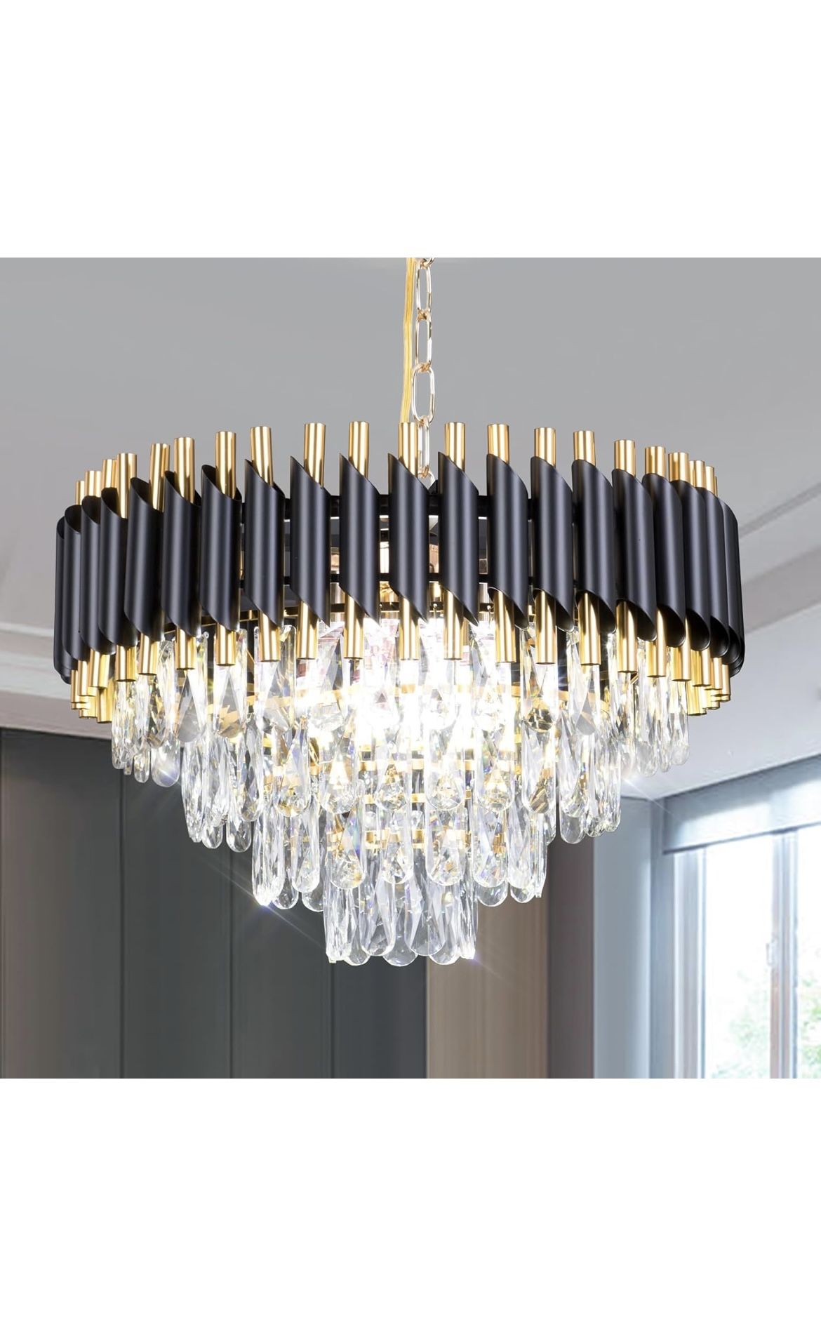 Modern Crystal Chandelier 20" Black Flush Mount LED Crystal Ceiling Light 4 Tiers Raindrop Crystal Pendant Light LED Chandelier