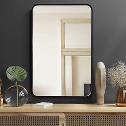 Toprise Wall Mirror for Bathroom, 22" x 30" Black Rectangular Mirror, MDF Frame with Rounded Corner, Wall Mounted Mirror for Living Room Bedroom Entry