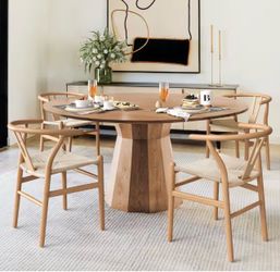 Set Of 4 Wagner Natural Color Solid wood Wishbone Dining Chairs with Handcrafted Woven Seat