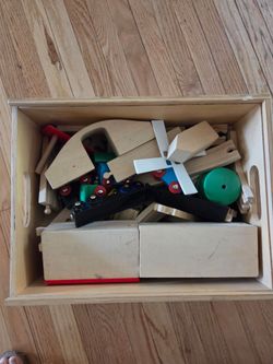 Wood train toy set in wood box