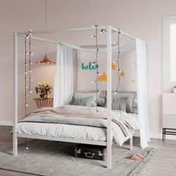 SHA CERLIN Queen Size Canopy Bed Frame with Heavy Duty Metal Slats, White