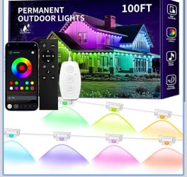 100ft Permanent Outdoor Lights Waterproof IP67, Smart RGB+IC Eaves LED Lights with App & Button Control, 200+ Dynamic Scene Modes for House Roof, Gard