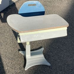 Vintage Mid-Century, Modern Blue And Green Cast-Iron And Wood Child Desk With Chair School Style